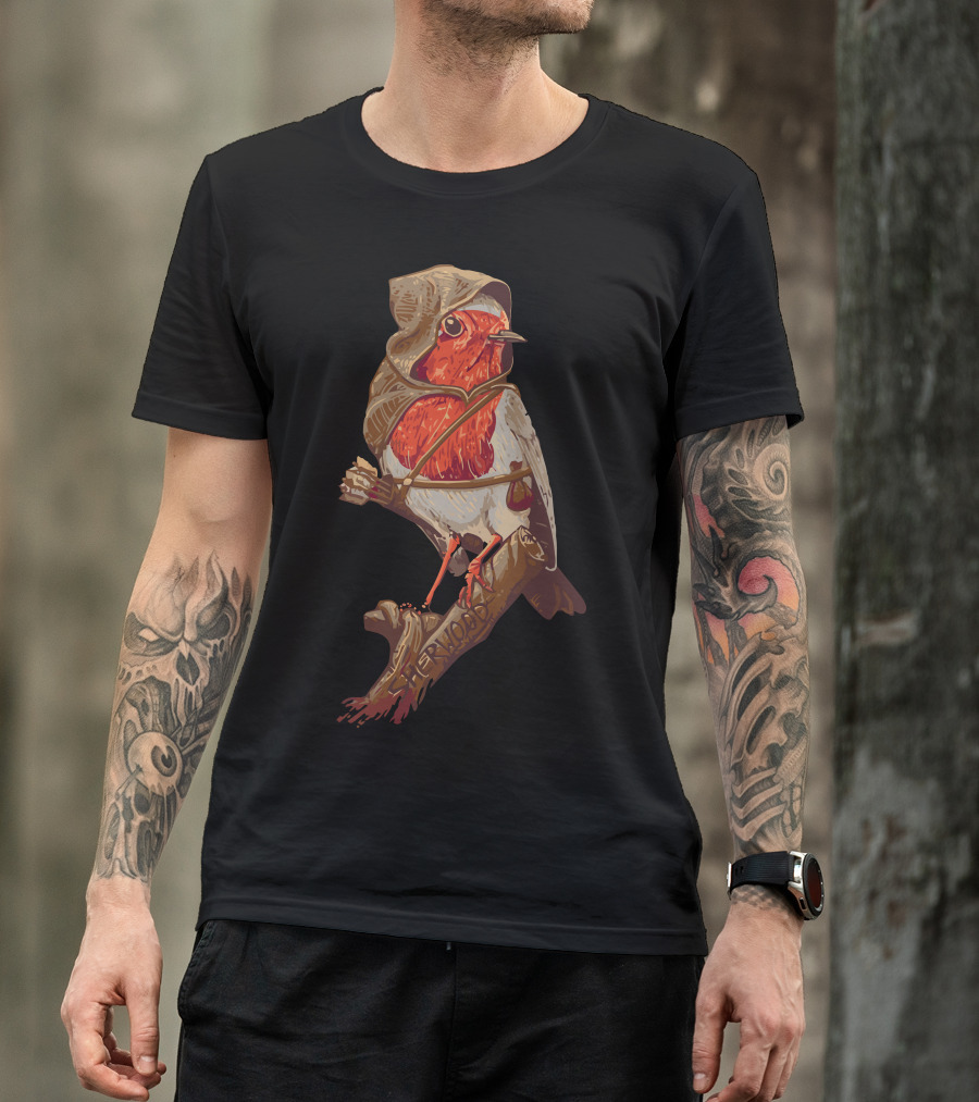 Robin Hood Fantasy Bird With Hood And Bow On Tree Branch T-Shirt