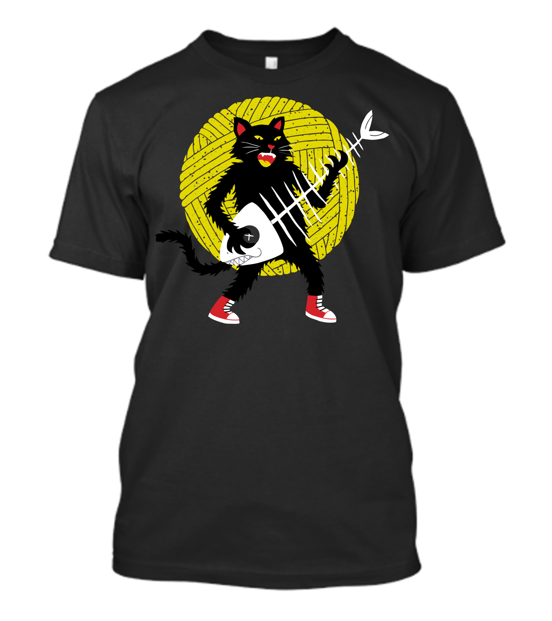 Rock Cat Yarn Moon Black Cat With Red Shoes T-Shirt