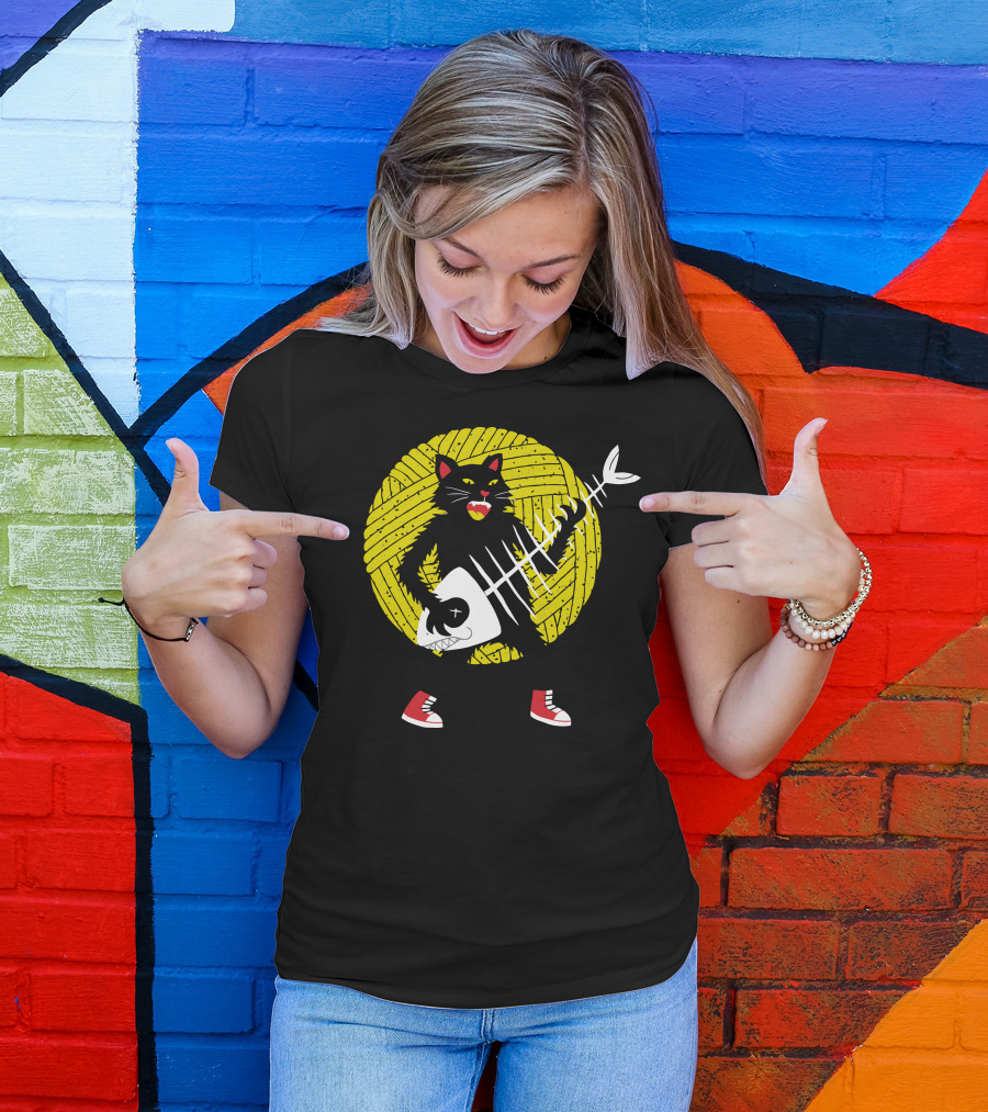 Rock Cat Yarn Moon Black Cat With Red Shoes T-Shirt