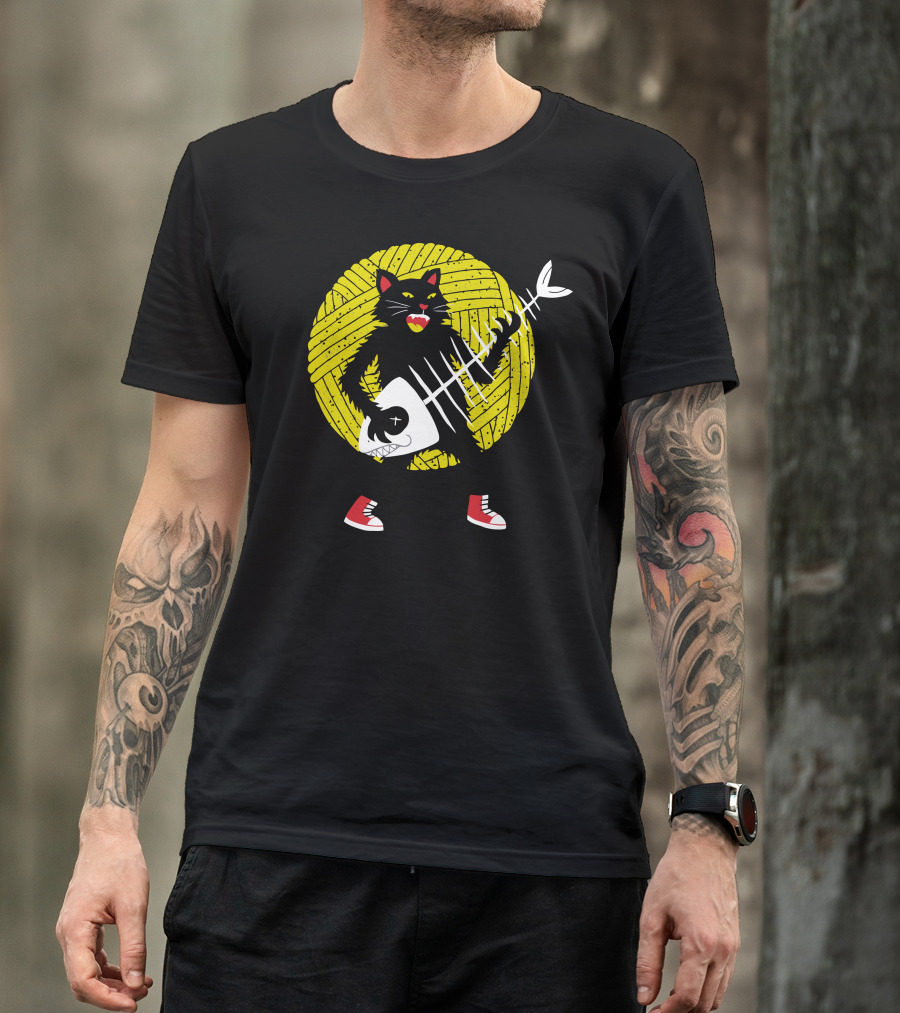 Rock Cat Yarn Moon Black Cat With Red Shoes T-Shirt