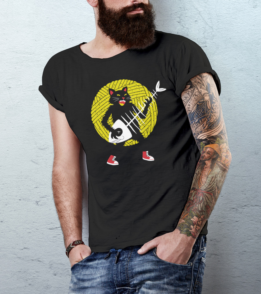 Rock Cat Yarn Moon Black Cat With Red Shoes T-Shirt