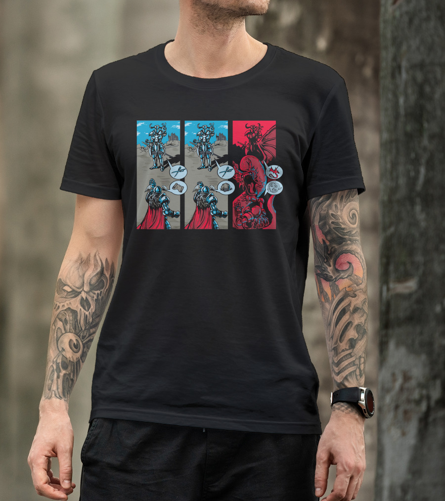 Rock Paper Scissors Knight Versus Fierce Dragon Duel T-Shirt