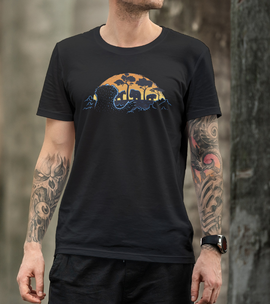 S Is For Safari Sunset With Elephant Silhouettes And Lion Scene T-Shirt