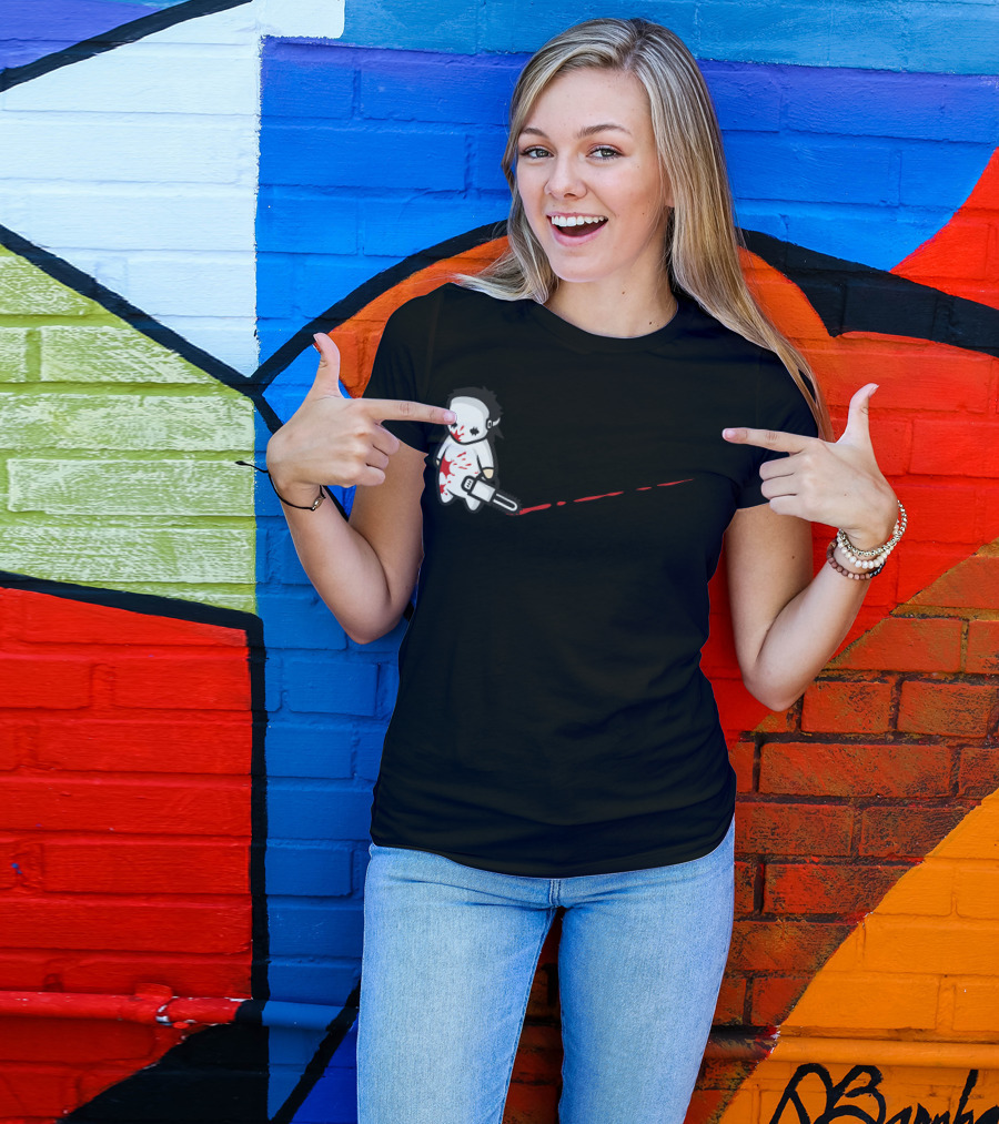 Sad Psycho Chainsaw Character With Bloody Trail T-Shirt