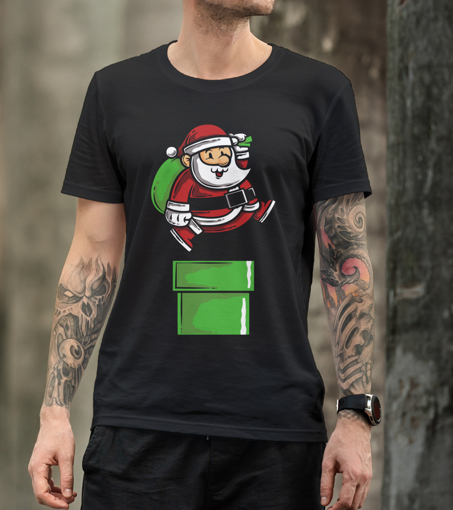 Santa Jumps With Green Pipe Holiday Fun T-Shirt