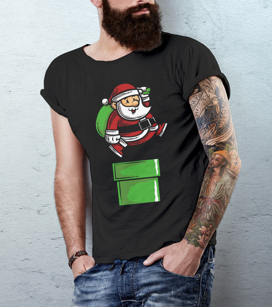 Santa Jumps With Green Pipe Holiday Fun T-Shirt