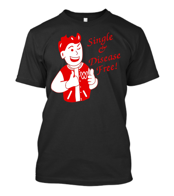 Single And Disease Free W Logo Varsity Jacket Red Cartoon Character T-Shirt
