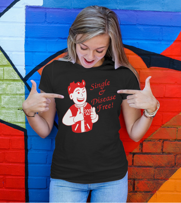 Single And Disease Free W Logo Varsity Jacket Red Cartoon Character T-Shirt