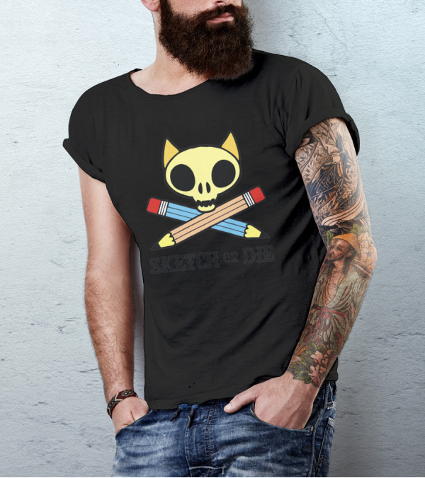 Skull Cat Sketch Or Die Crossed Pencils T-Shirt