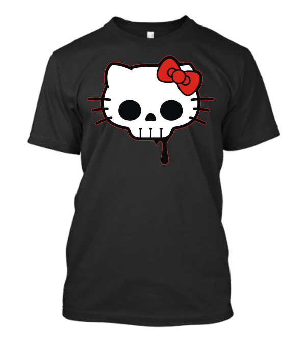 Skull Kitty Hello Mashup With Red Bow And Dripping Outline T-Shirt
