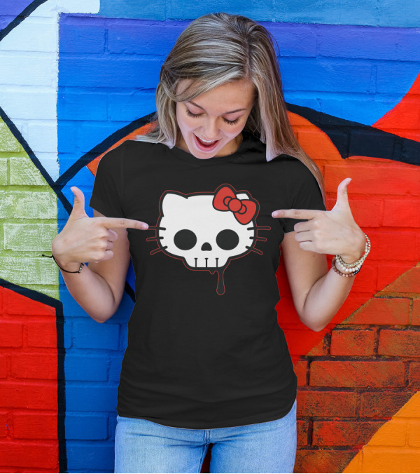 Skull Kitty Hello Mashup With Red Bow And Dripping Outline T-Shirt