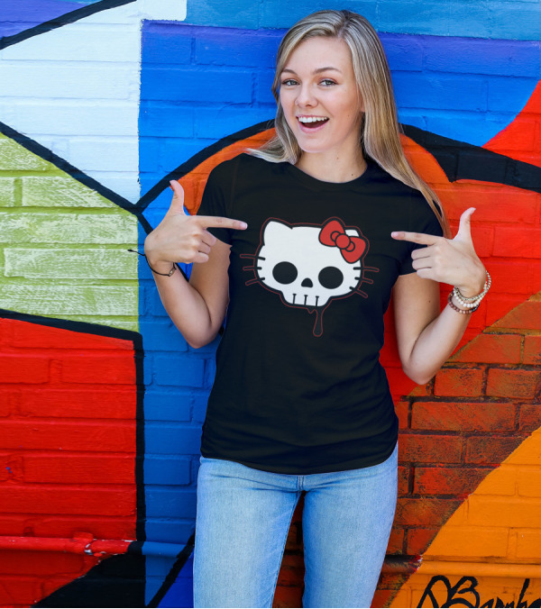 Skull Kitty Hello Mashup With Red Bow And Dripping Outline T-Shirt