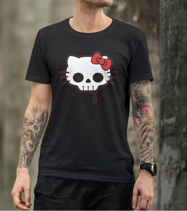 Skull Kitty Hello Mashup With Red Bow And Dripping Outline T-Shirt