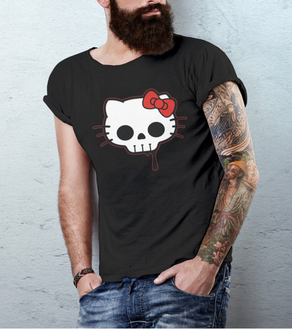 Skull Kitty Hello Mashup With Red Bow And Dripping Outline T-Shirt