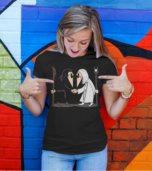 Wizard Vs Wizard Staff Duel In Dark And Light Outfits T-Shirt