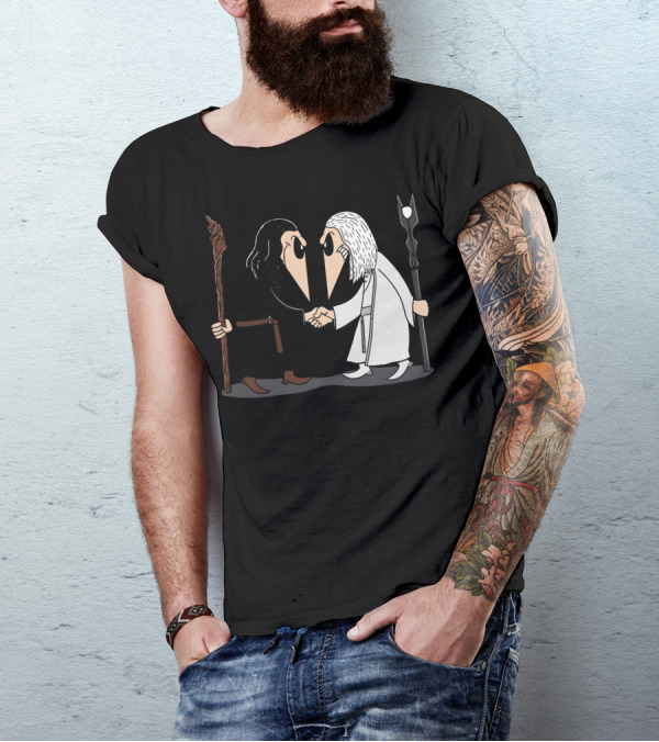 Wizard Vs Wizard Staff Duel In Dark And Light Outfits T-Shirt