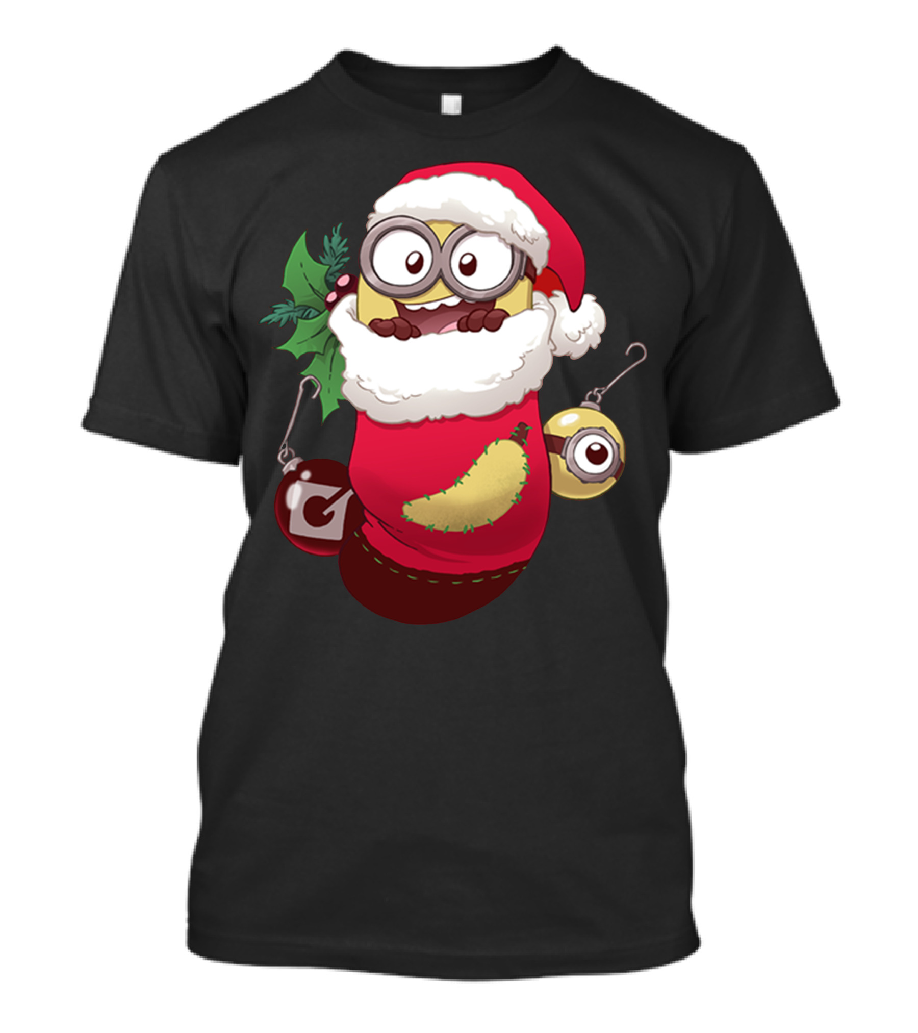 Christmas Santa Minion Hanging Stocking With Holly And Bauble Decorations T-Shirt