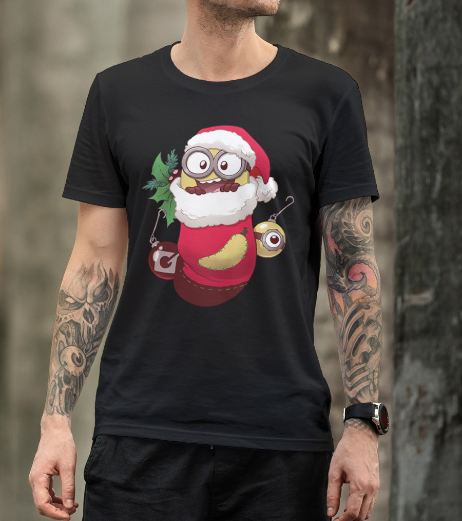 Christmas Santa Minion Hanging Stocking With Holly And Bauble Decorations T-Shirt