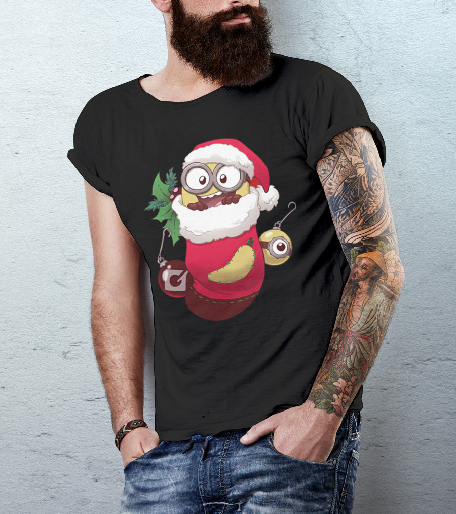 Christmas Santa Minion Hanging Stocking With Holly And Bauble Decorations T-Shirt