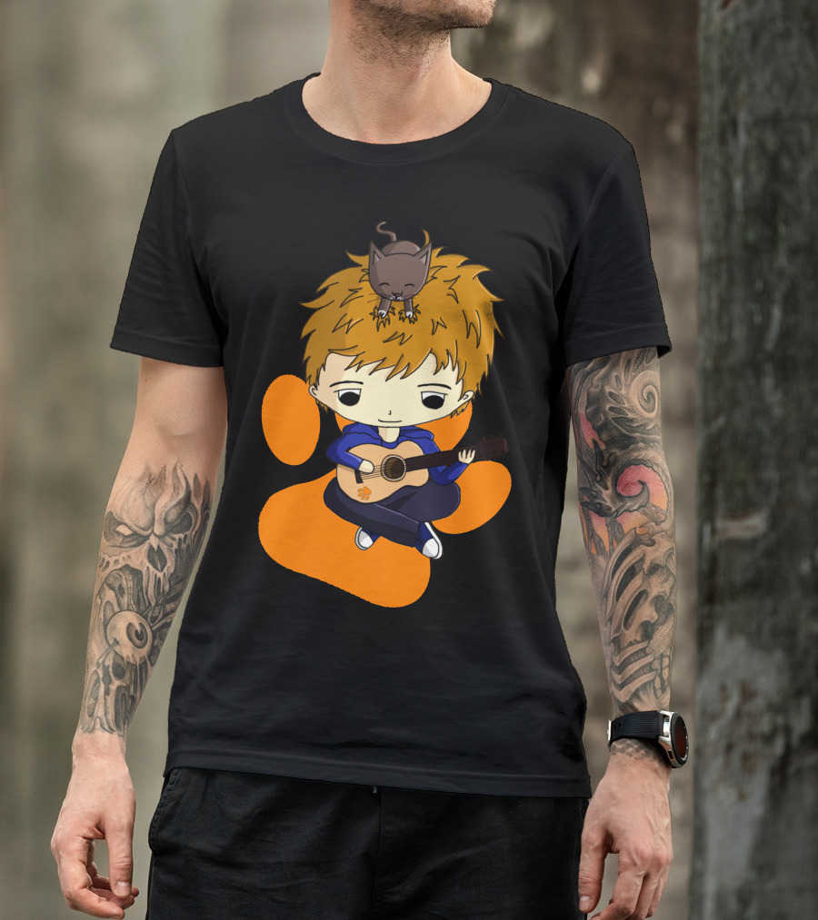 Ed Sheeran Cute Cartoon With Guitar And Cat T-Shirt