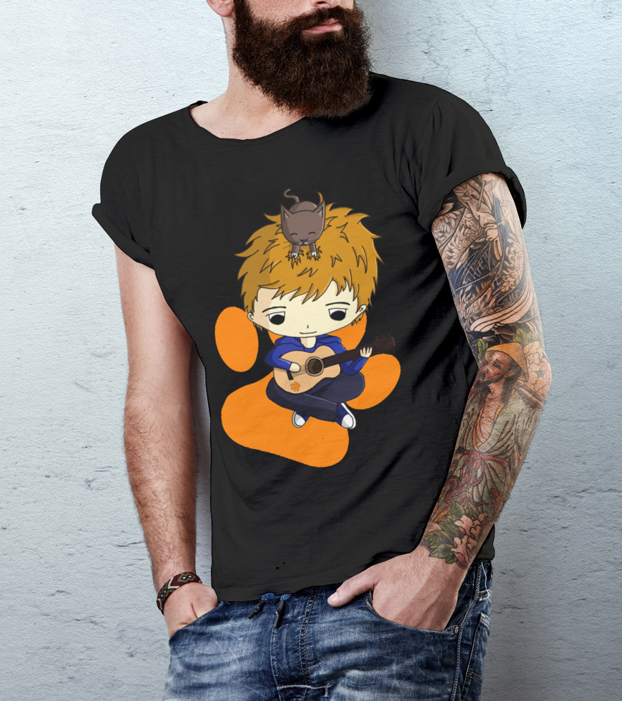 Ed Sheeran Cute Cartoon With Guitar And Cat T-Shirt
