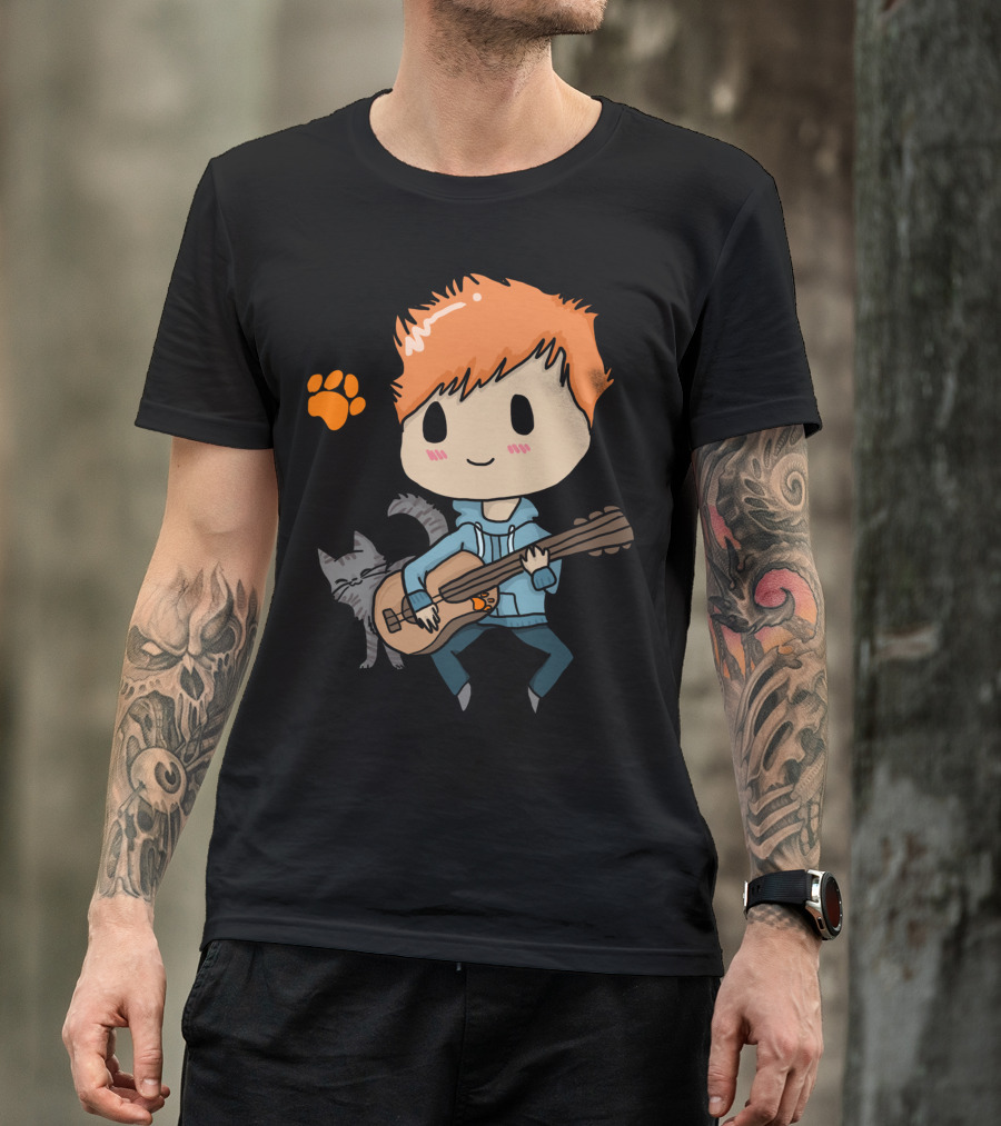 Ed Sheeran Cartoon Cat Guitar Paw Print T-Shirt