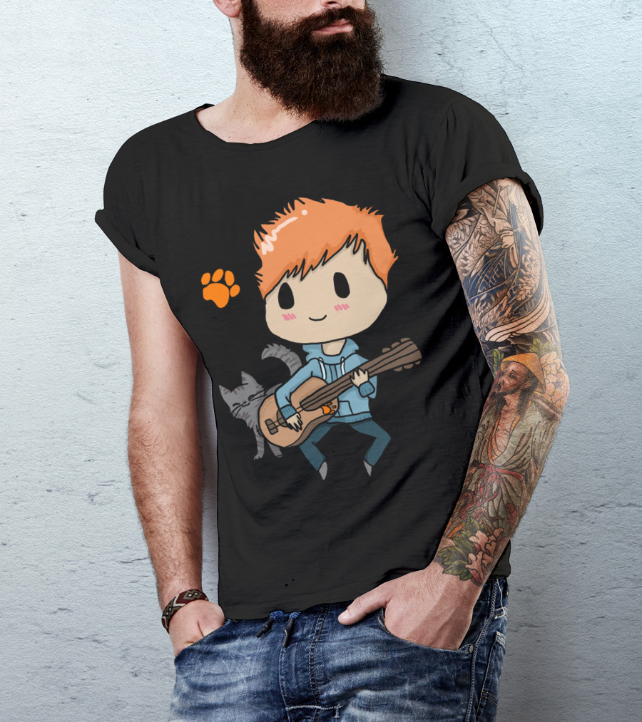 Ed Sheeran Cartoon Cat Guitar Paw Print T-Shirt