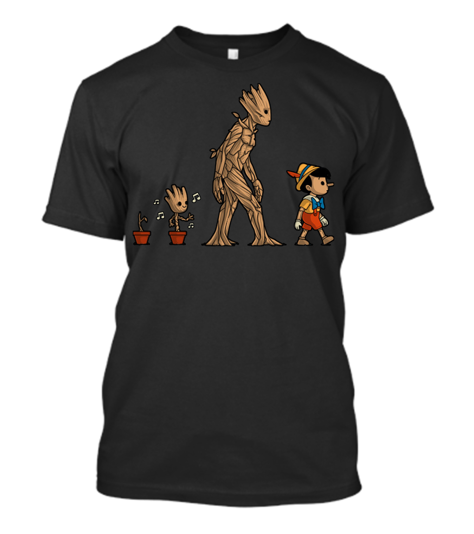 Galactic Evolution Groot Baby Groot And Pinocchio Walking Together T-Shirt