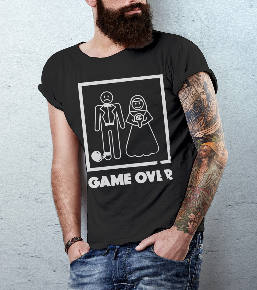 Game Over Wedding Groom And Bride Stick Figures With Ball And Chain T-Shirt