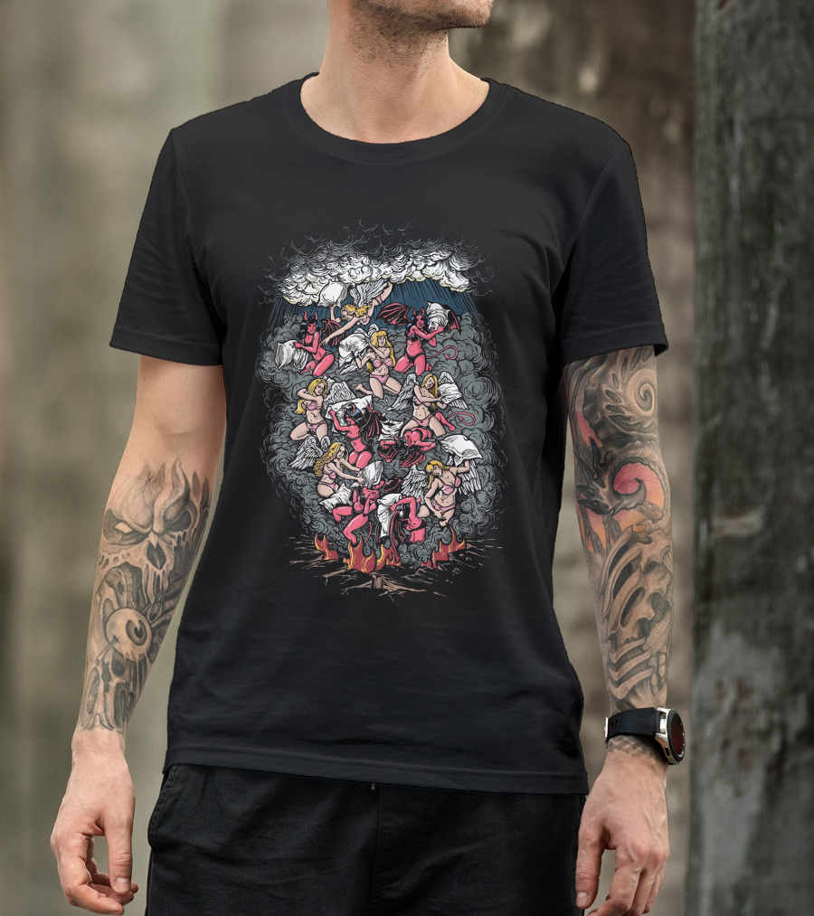 Good Vs Evil Angels And Demons Battle In Heaven And Hell Clouds And Flames T-Shirt