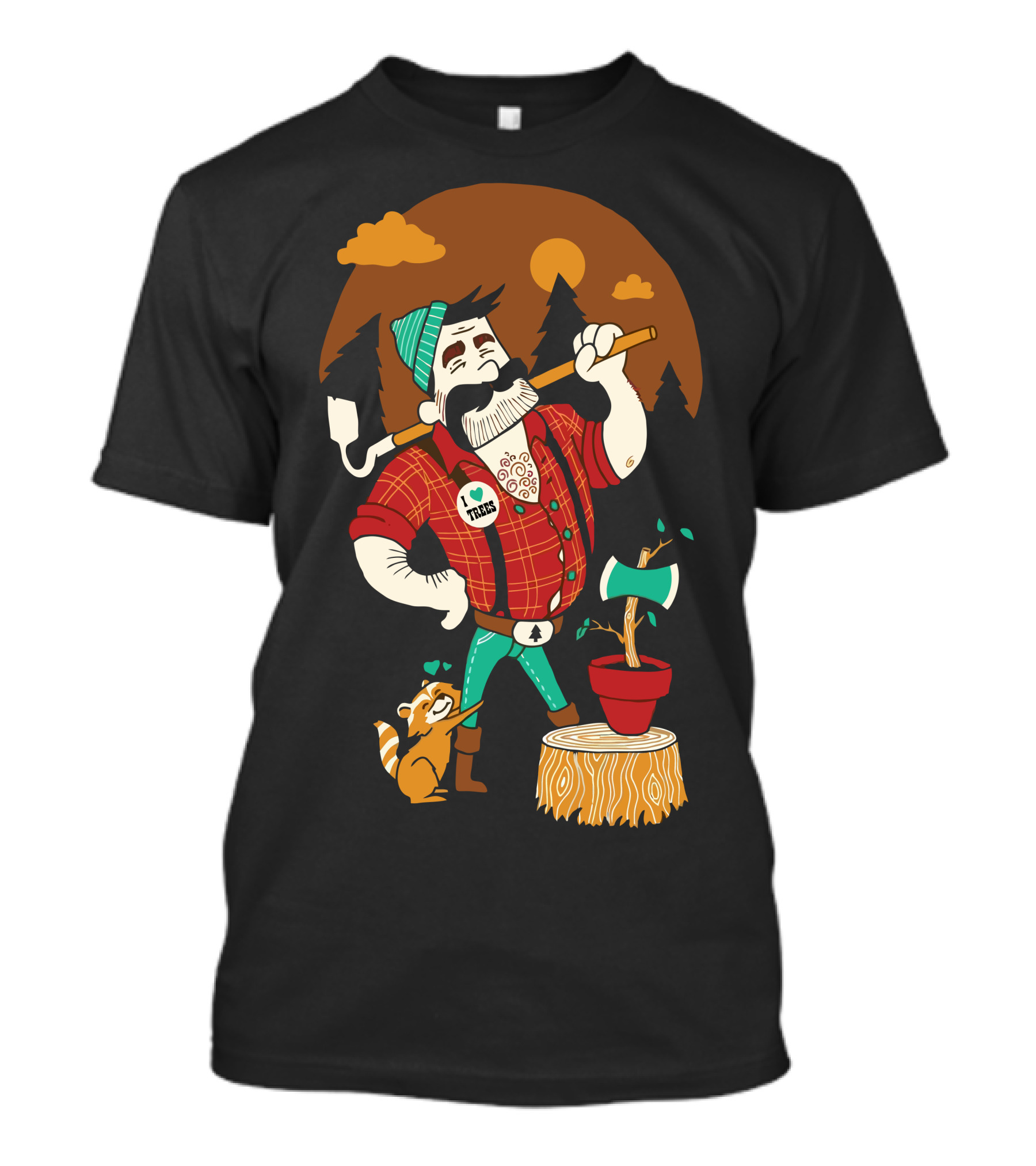 Green Thumberjack Lumberjack With Trees And Raccoon T-Shirt