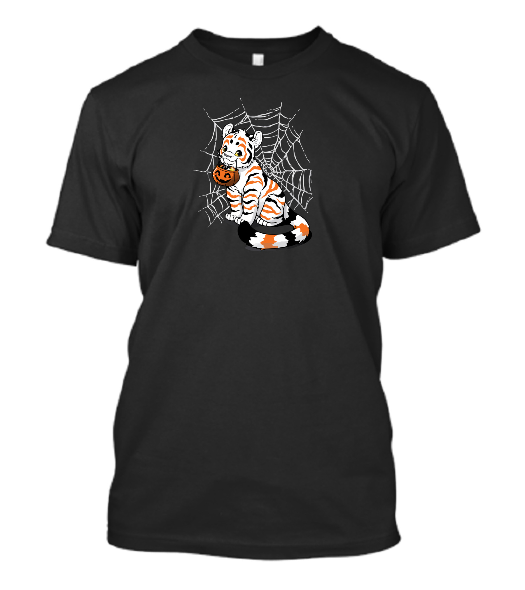 Halloween Candy Tiger With Pumpkin In Spider Web T-Shirt
