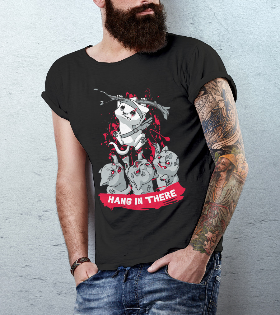 Hang In There Samurai Cat With Zombies T-Shirt