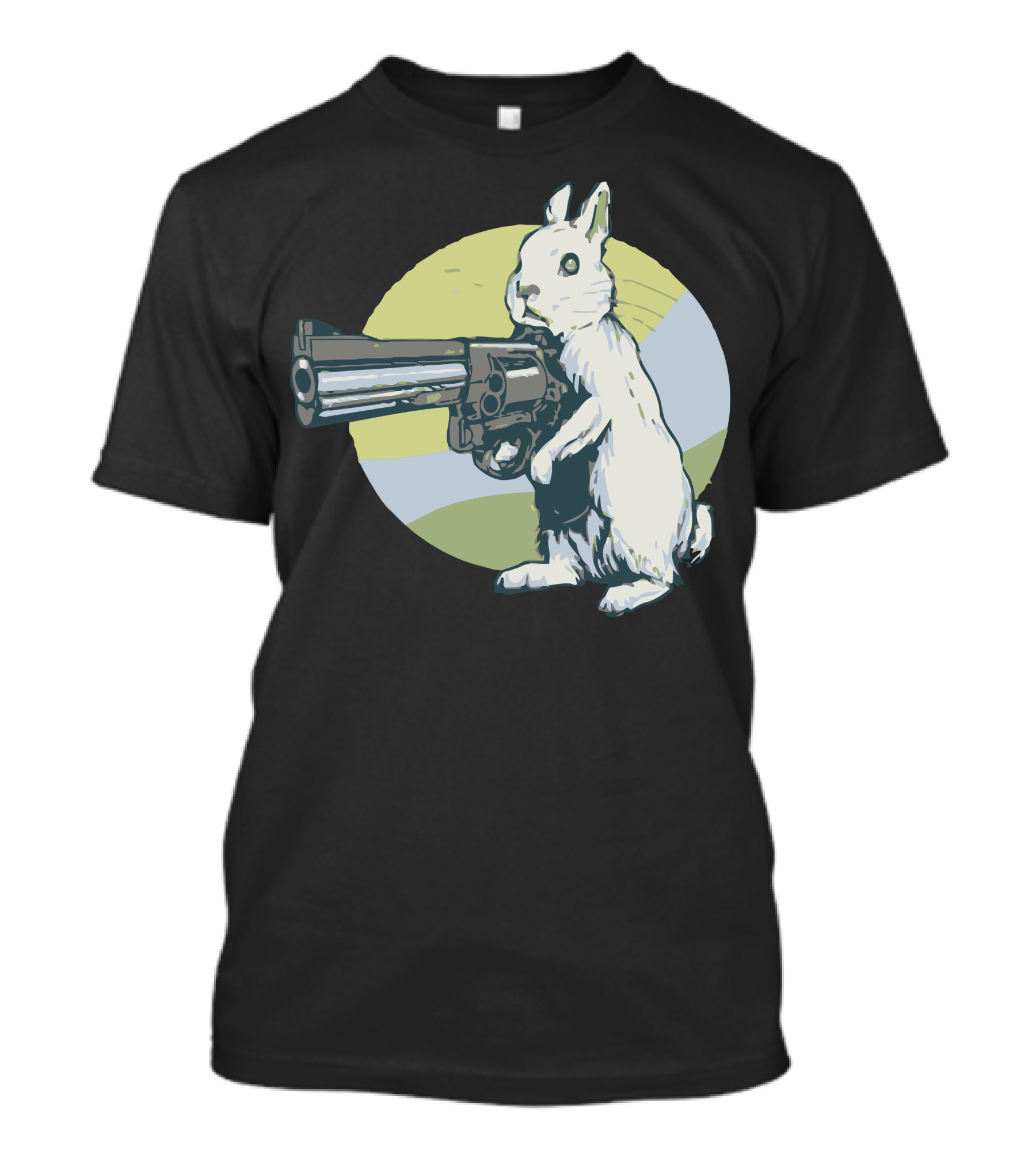 Hare Trigger Rabbit With Revolver In Hand Against Colorful Circle Background T-Shirt