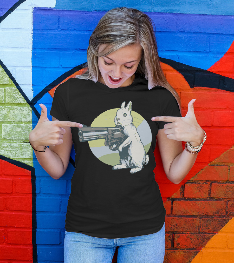 Hare Trigger Rabbit With Revolver In Hand Against Colorful Circle Background T-Shirt