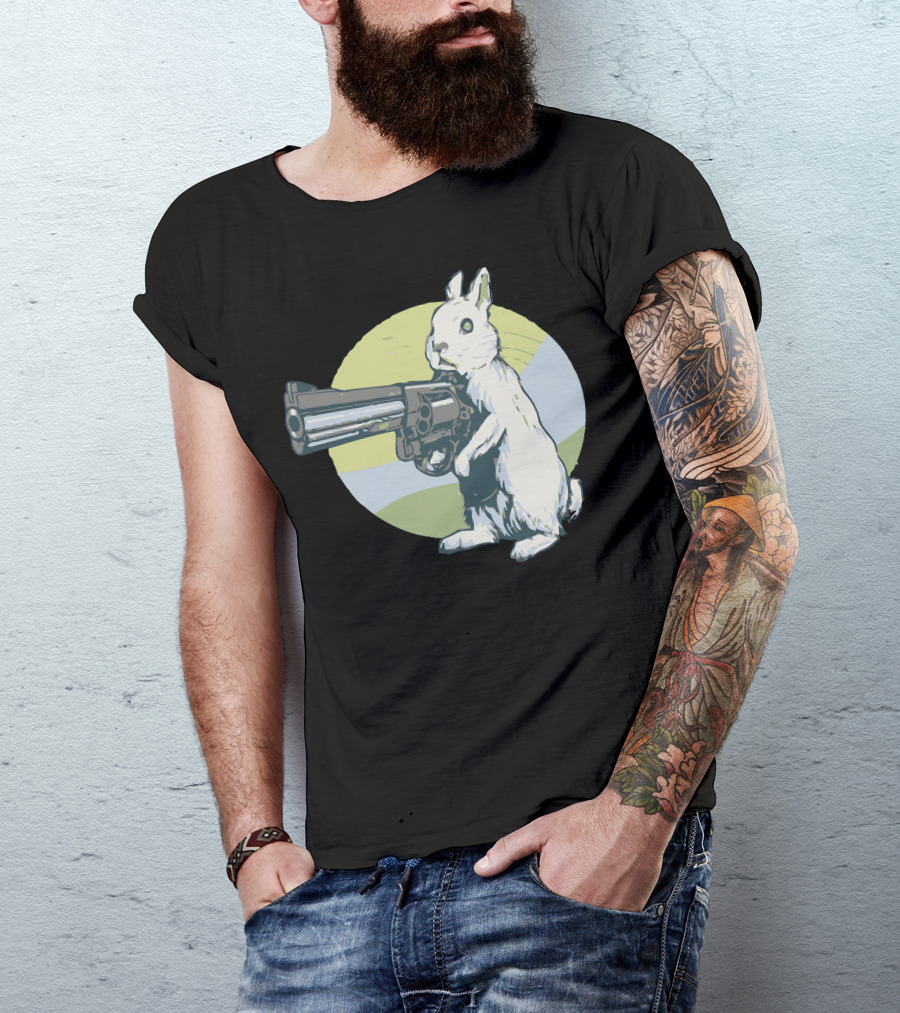 Hare Trigger Rabbit With Revolver In Hand Against Colorful Circle Background T-Shirt
