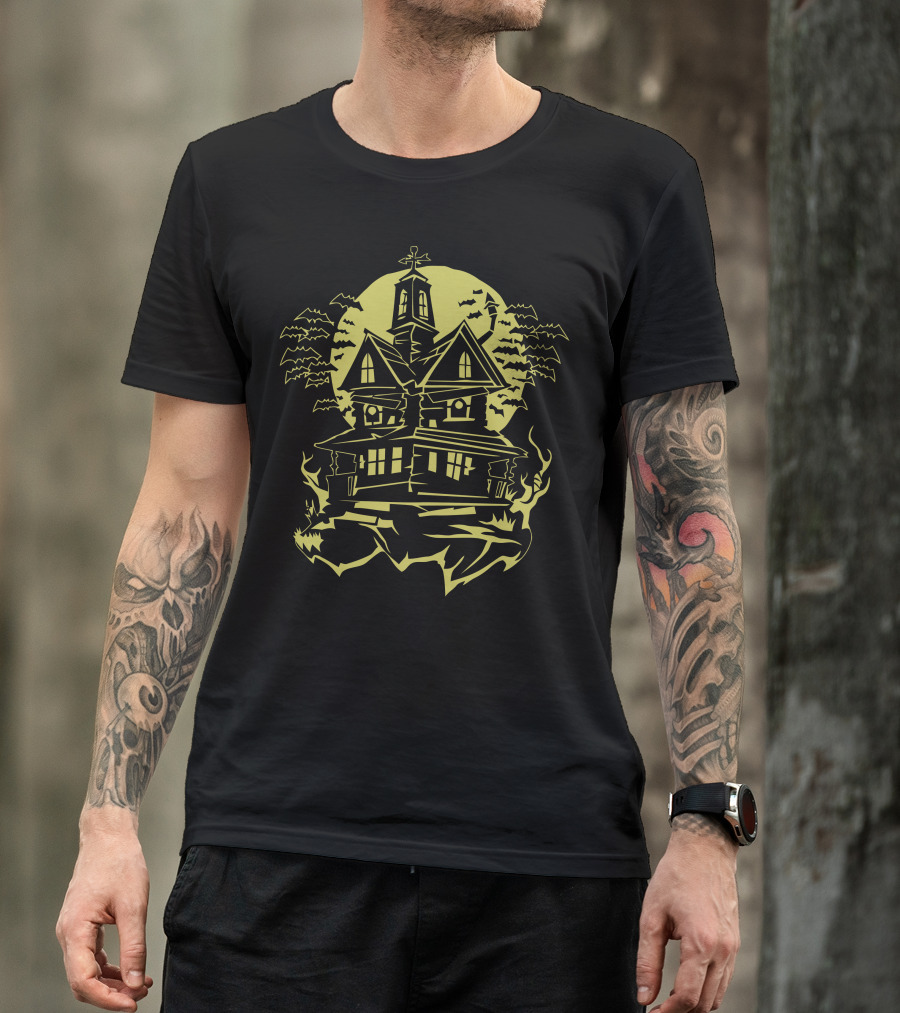 Horror Moonlit Haunted House With Flying Bats And Eerie Glow T-Shirt