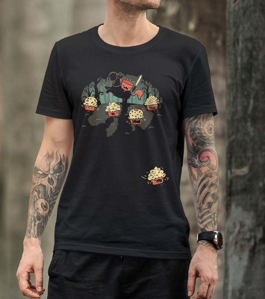 Headless Horseman Cupcake Chase In Spooky Forest Scene T-Shirt