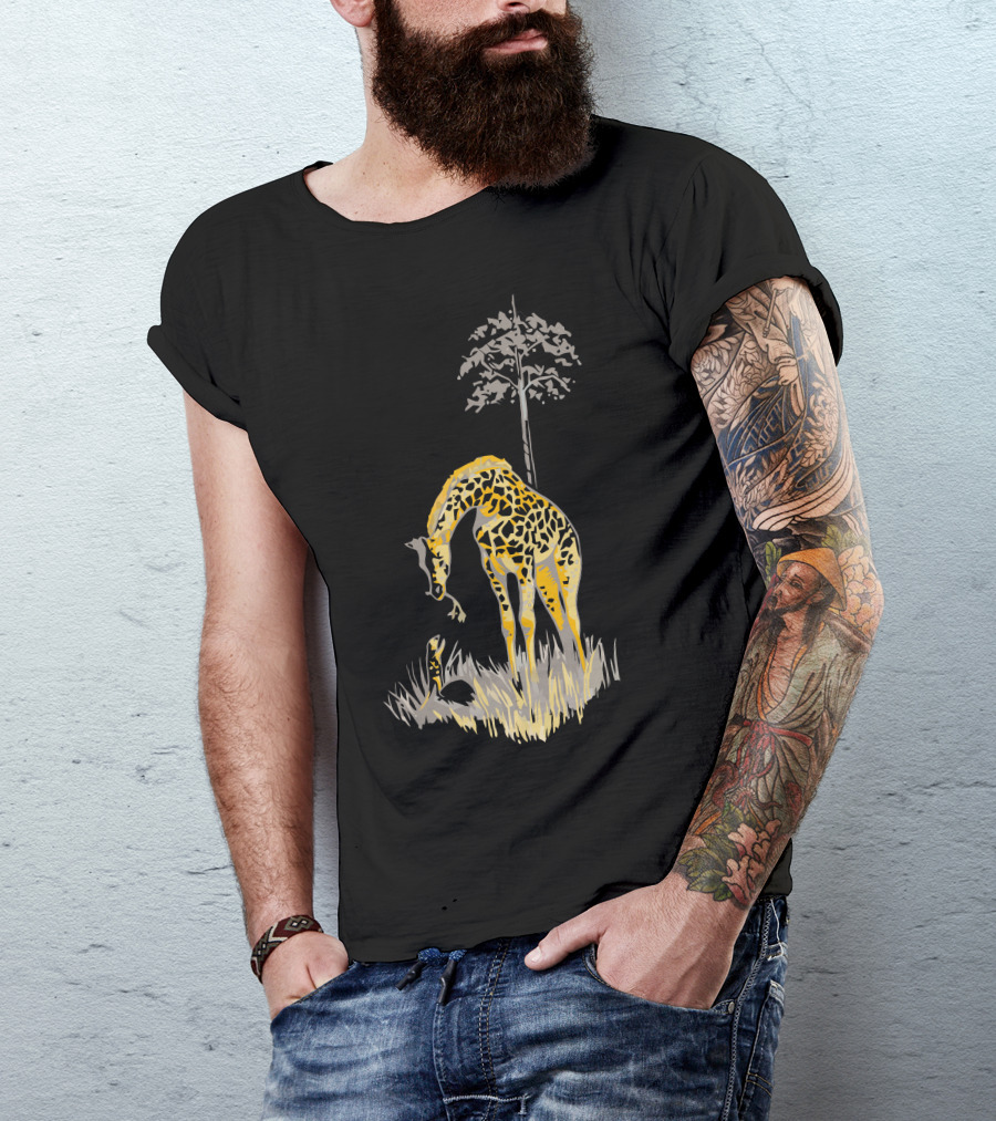 Help From Above Giraffe Interacting With Snake Under Tree T-Shirt