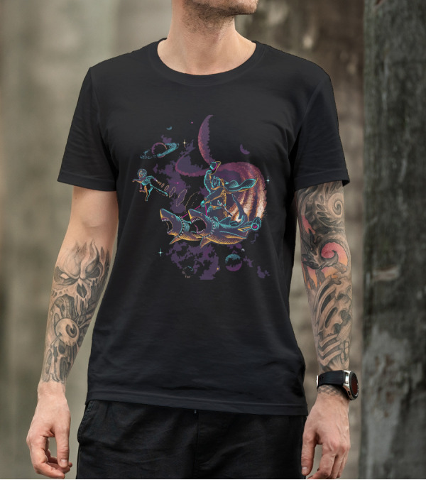 Space Cowboy Surfing Sharks In Cosmic Adventure T-Shirt