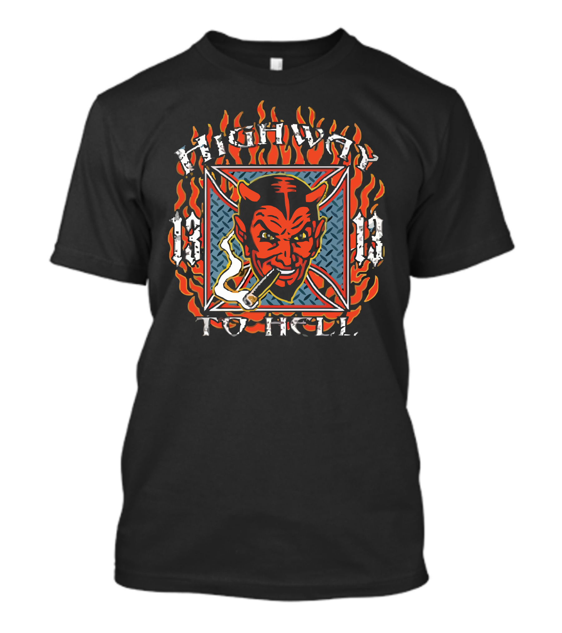 Highway To Hell Devil Smoking Cigar Flames Background T-Shirt