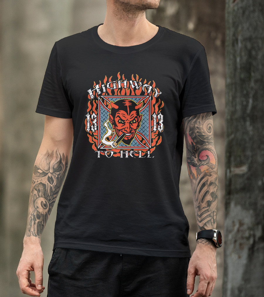 Highway To Hell Devil Smoking Cigar Flames Background T-Shirt