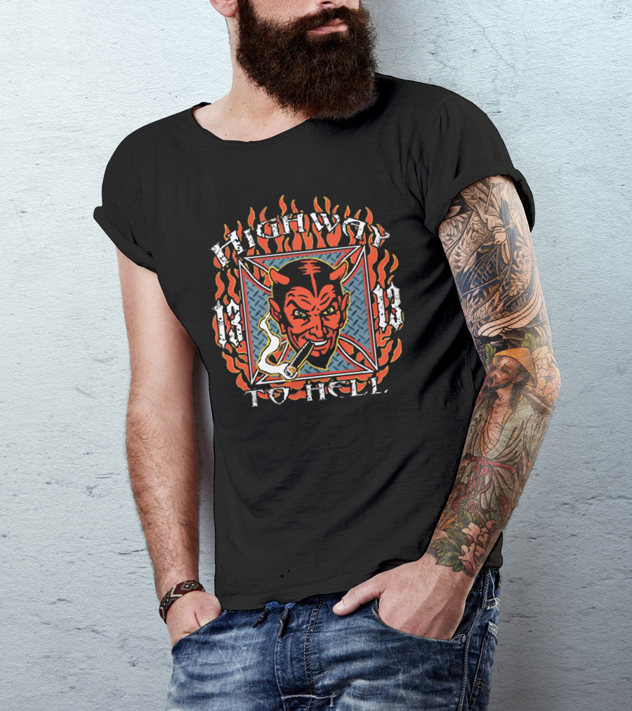 Highway To Hell Devil Smoking Cigar Flames Background T-Shirt