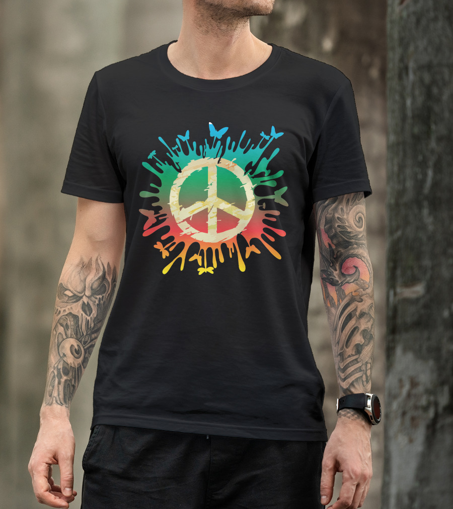 Hippie Peace Rainbow Splash With Butterflies T-Shirt