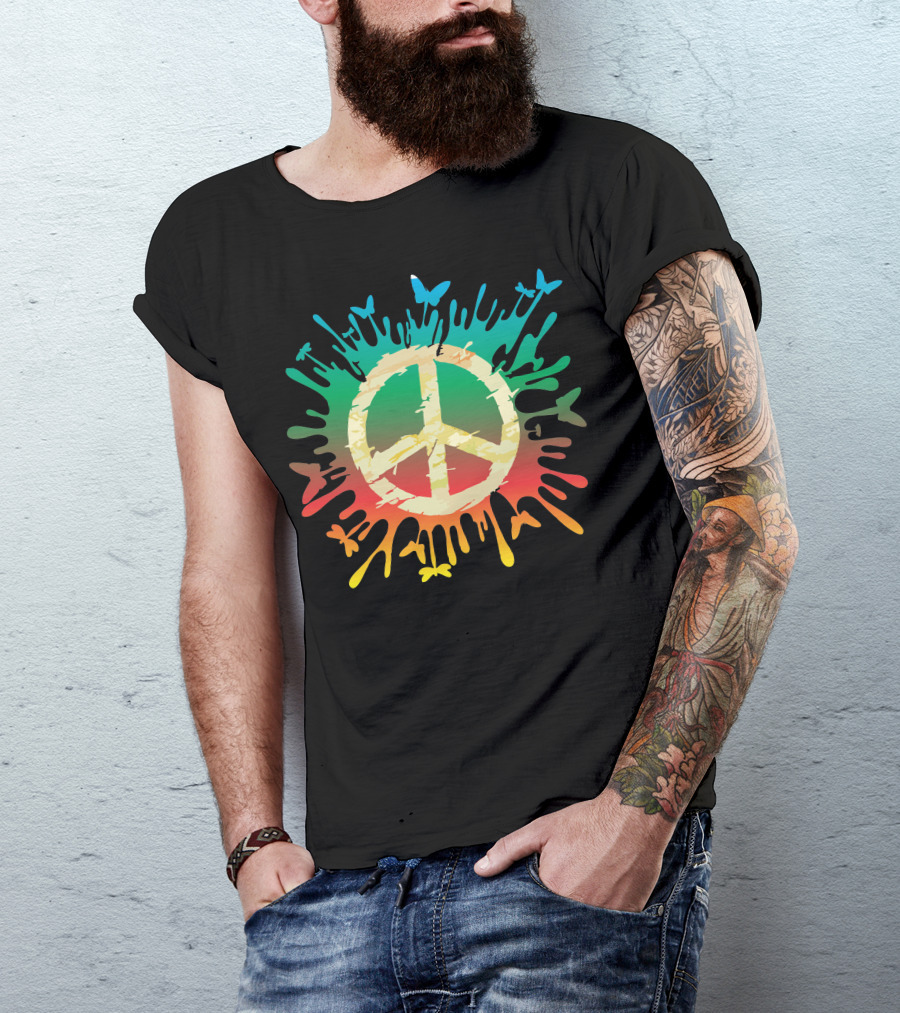 Hippie Peace Rainbow Splash With Butterflies T-Shirt