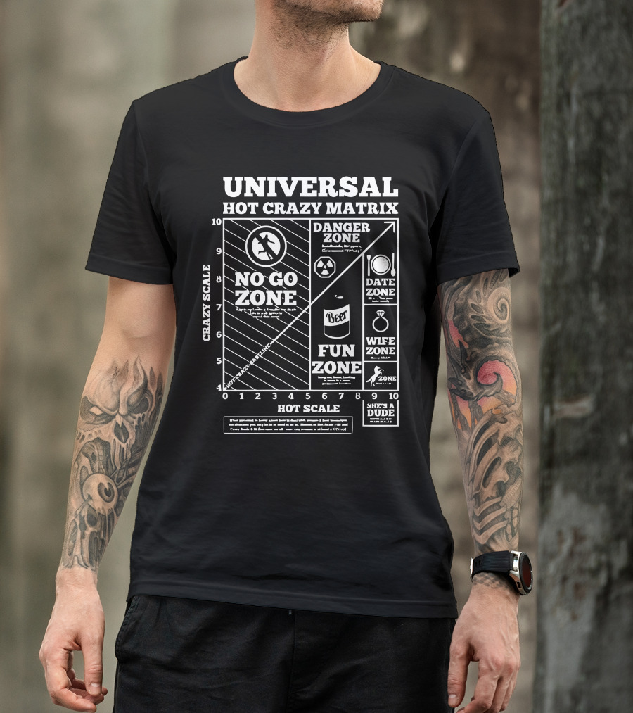 UNIVERSAL HOT CRAZY MATRIX NO GO ZONE DANGER DATE FUN WIFE ZONE SHE'S A DUDE T-Shirt