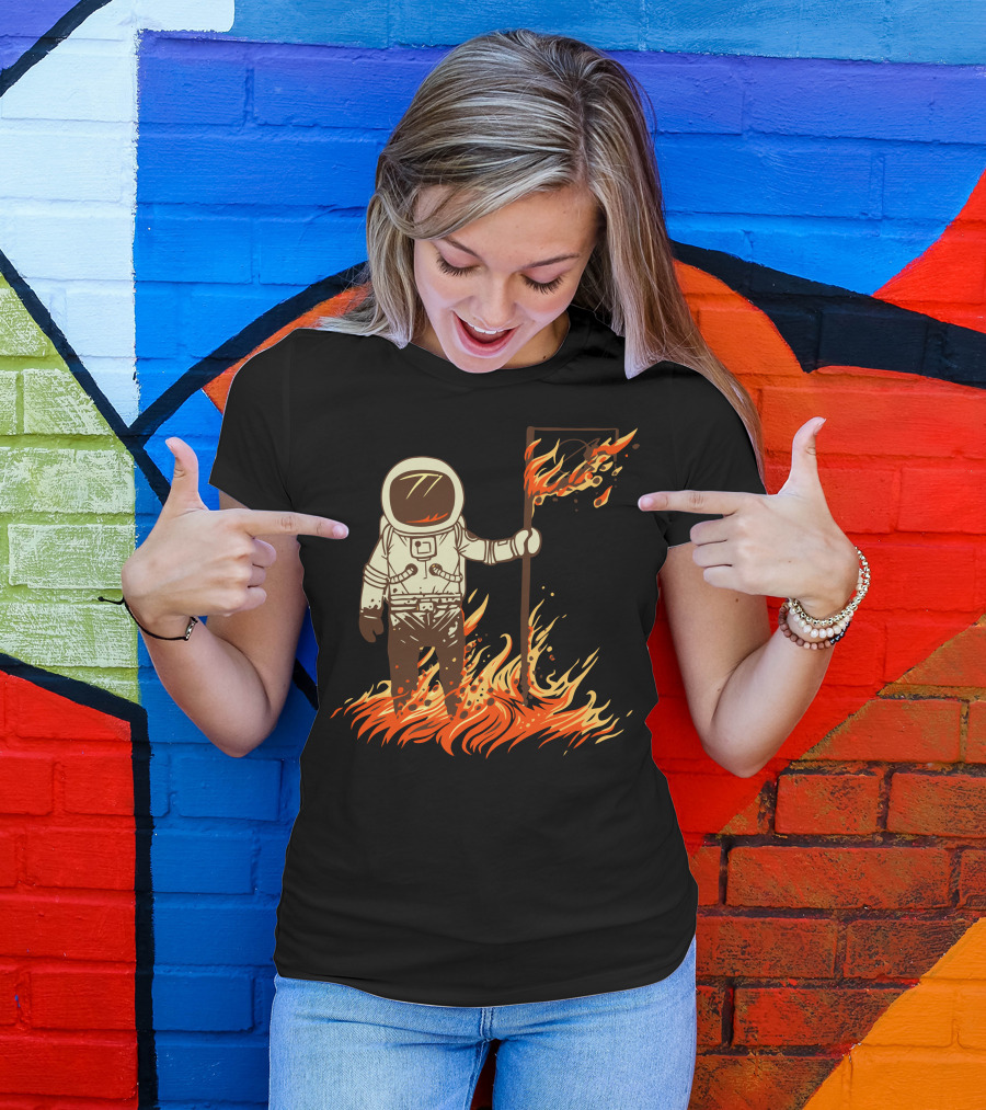 I Claim This Sun For Gyaahhhh Flaming Astronaut Holding Flag In Fire T-Shirt