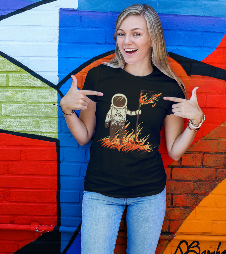 I Claim This Sun For Gyaahhhh Flaming Astronaut Holding Flag In Fire T-Shirt
