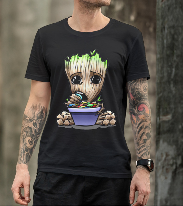 Lovely Hungry Groot Eating Colorful Candy Bowl T-Shirt