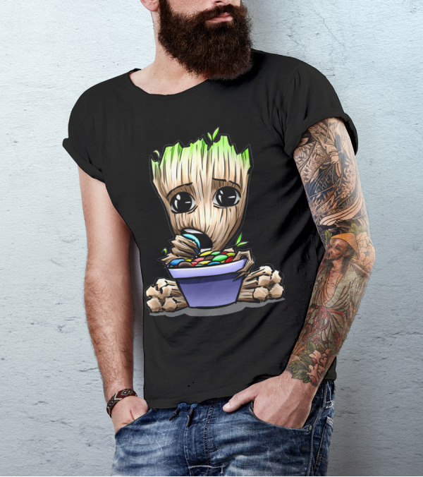 Lovely Hungry Groot Eating Colorful Candy Bowl T-Shirt